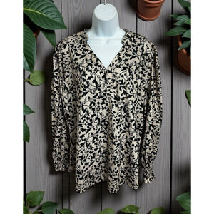 Rapbin Floral Blouse Women's Sz XXL 2XL Black Beige Long-Sleeve V-Neck Top